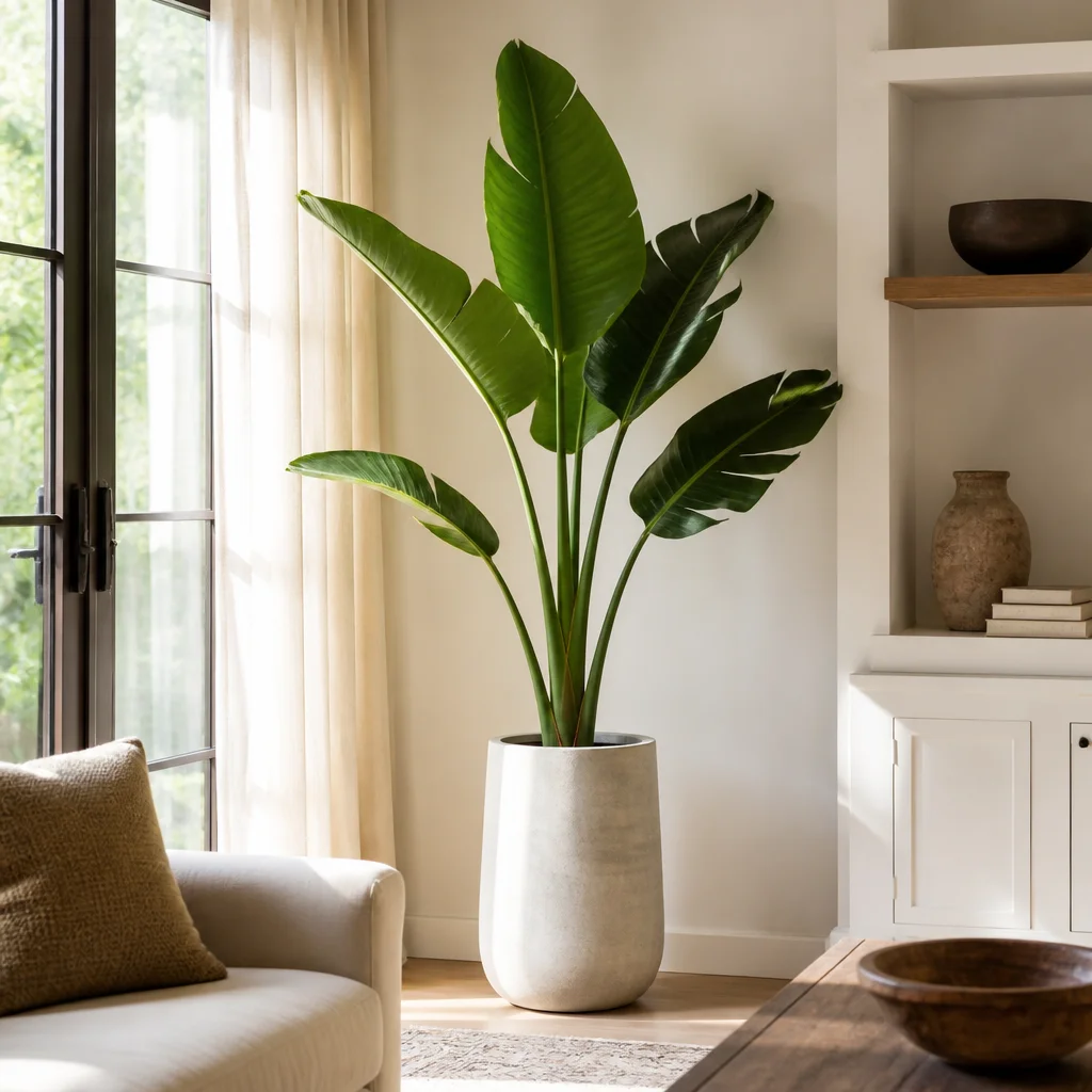 Tall large-leaf plant styled in a living room corner