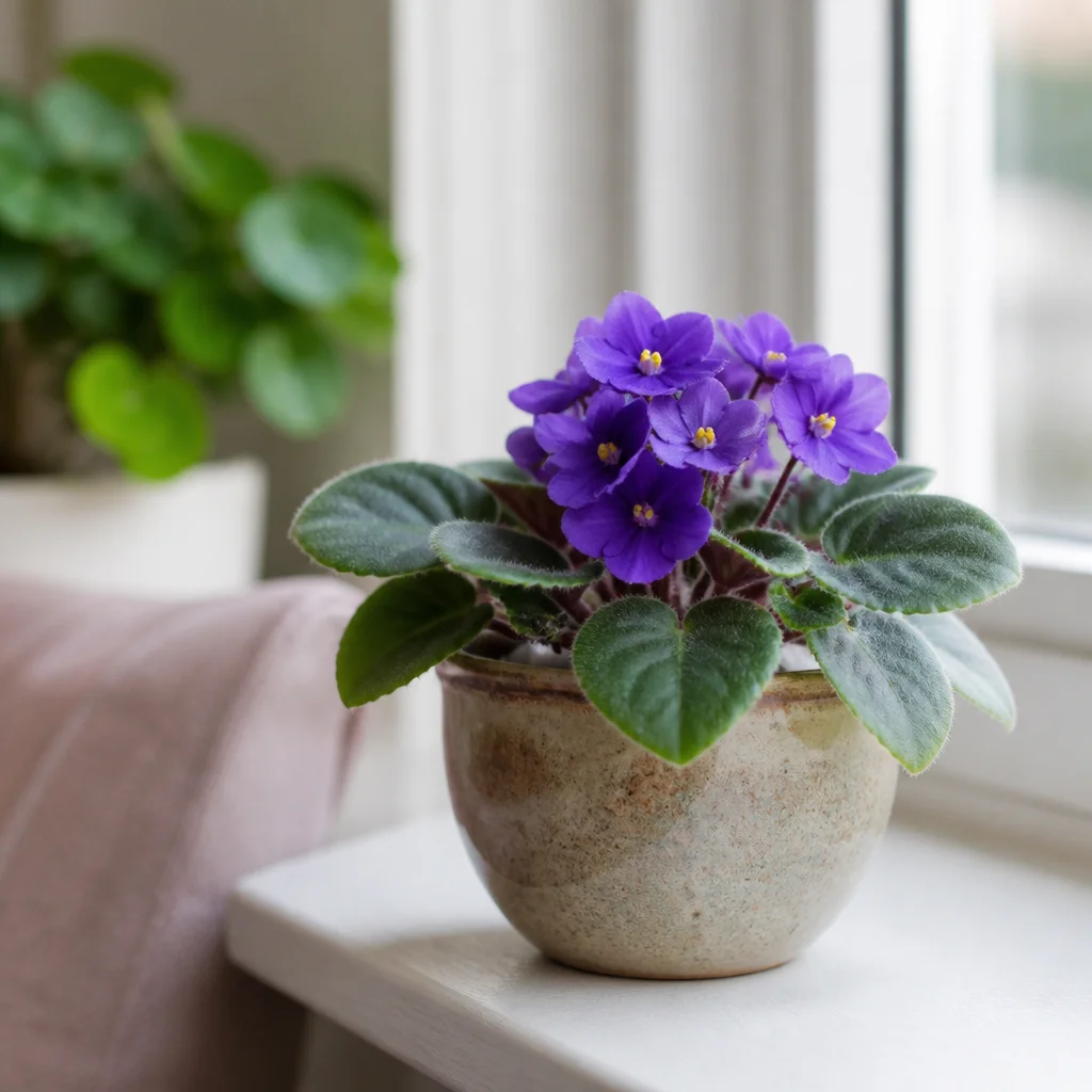 Violetta africana con fiori viola in un piccolo vaso su un davanzale luminoso