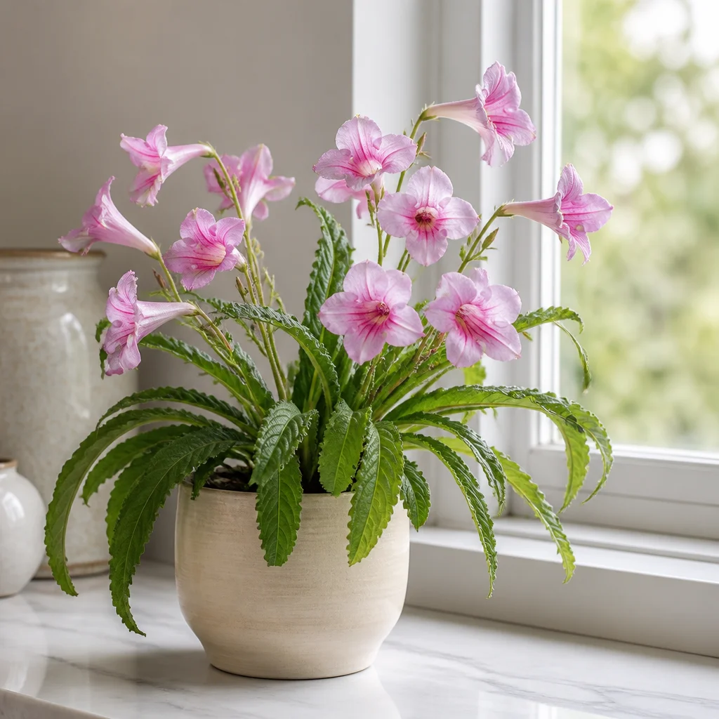 Streptocarpus con fiori rosa a trombetta e foglie arcuate accanto a una finestra