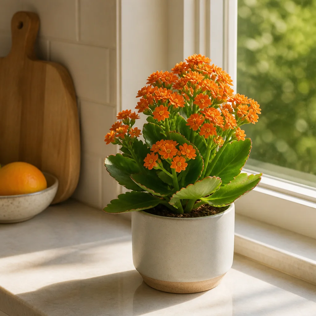 Kalanchoe dai fiori arancioni in un vaso semplice su un davanzale soleggiato della cucina