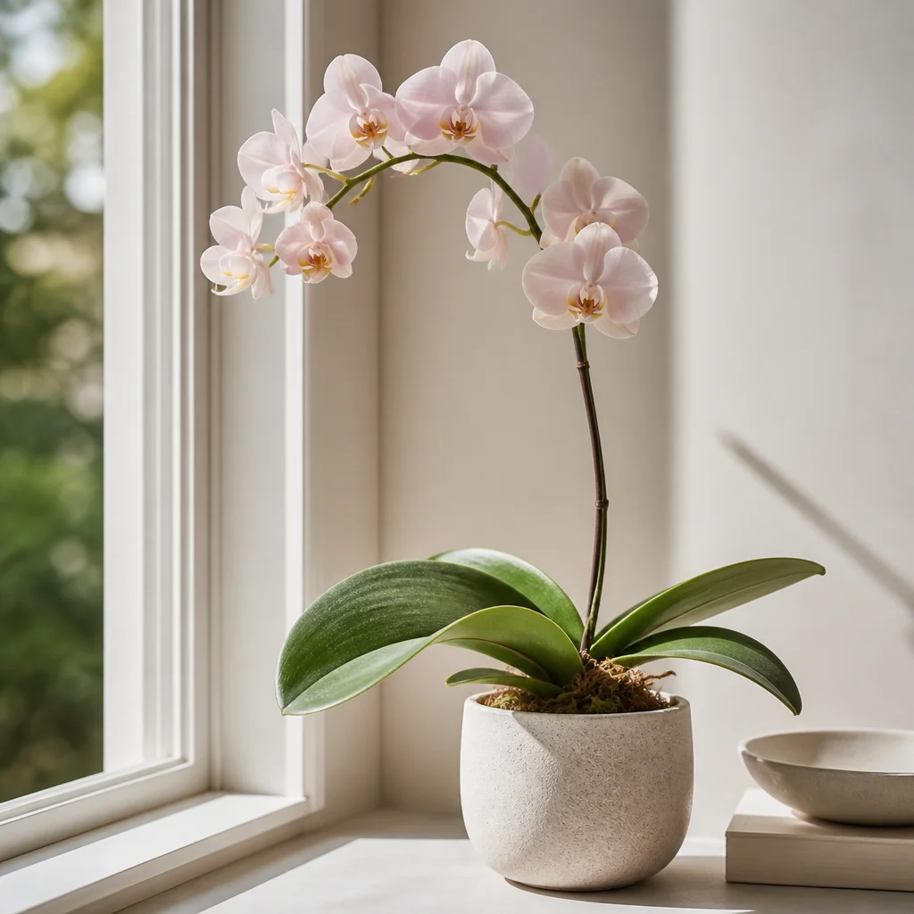 Orchidea Phalaenopsis dai fiori chiari su un davanzale interno dallo stile essenziale