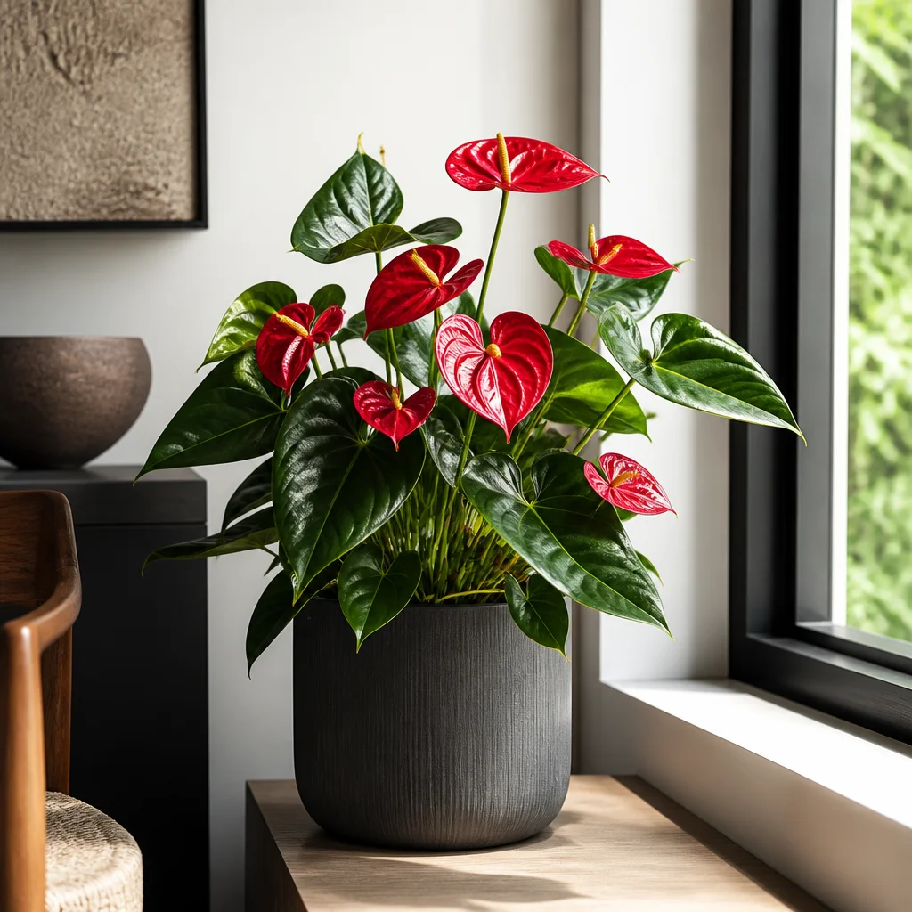 Anthurium con brattee rosse e foglie lucide vicino a una finestra luminosa
