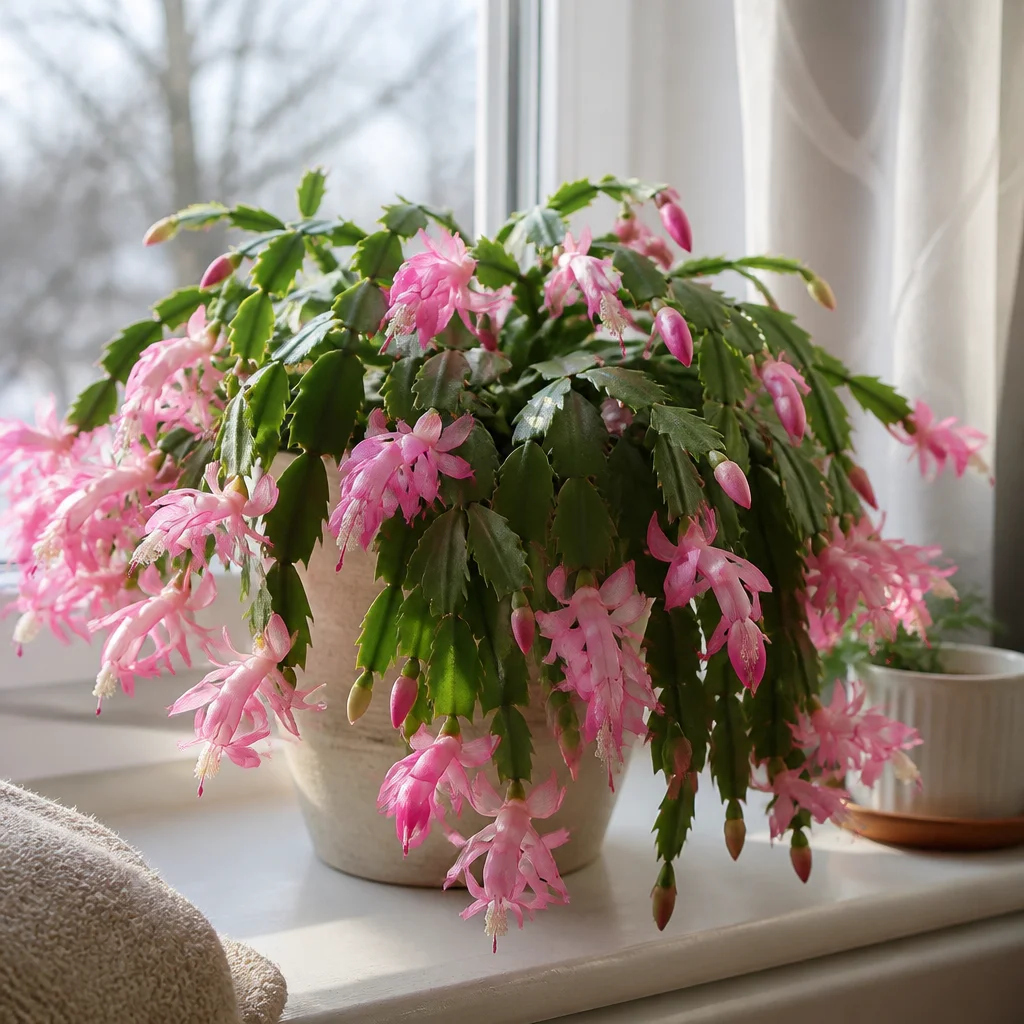 Cactus di Natale con fiori rosa e fusti ricadenti su un davanzale
