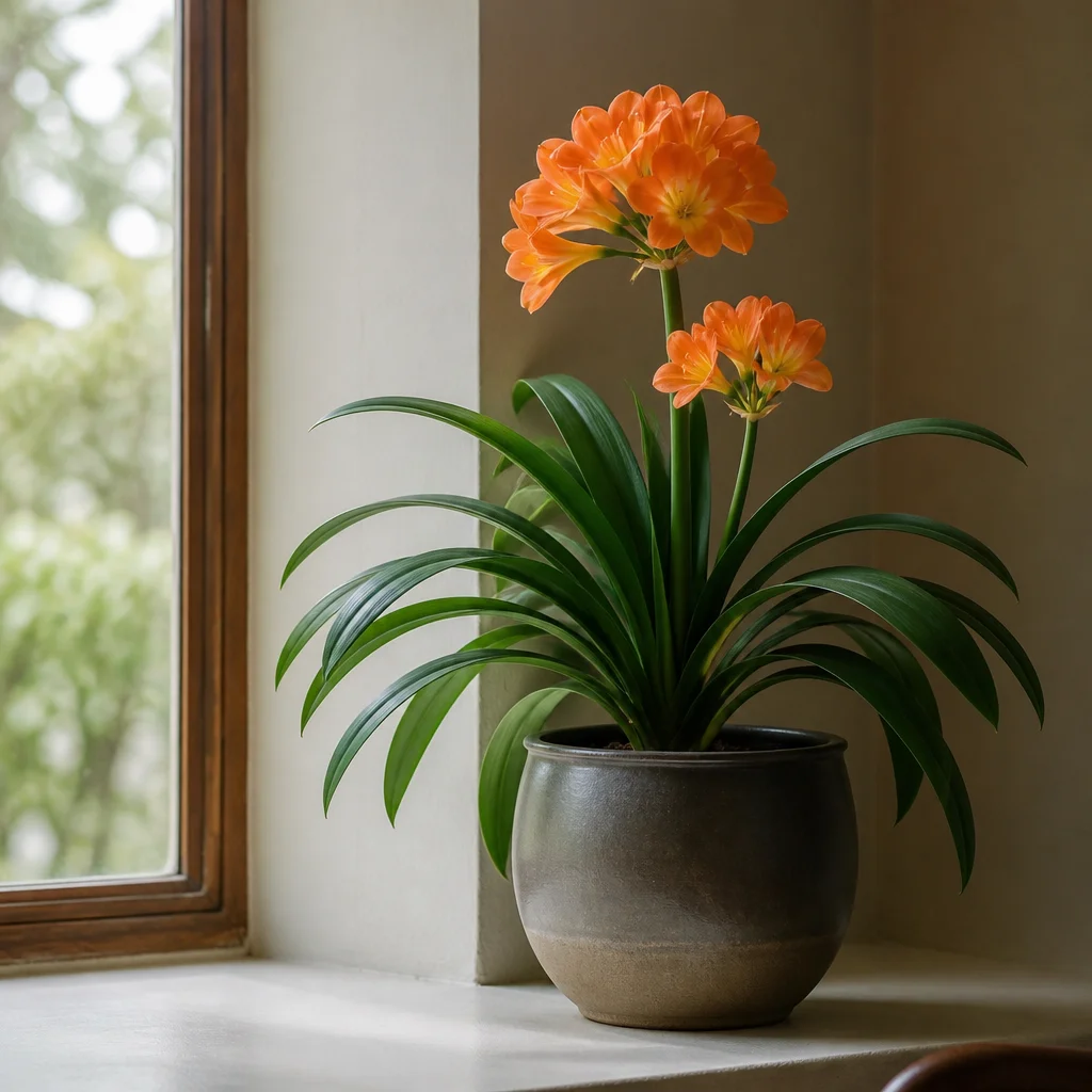 Clivia con grappoli di fiori arancioni e foglie nastriformi in casa