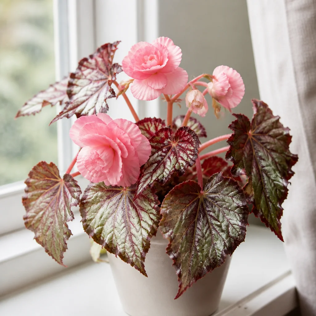 Begonia fiorita con fiori rosa e foglie decorative accanto a una finestra