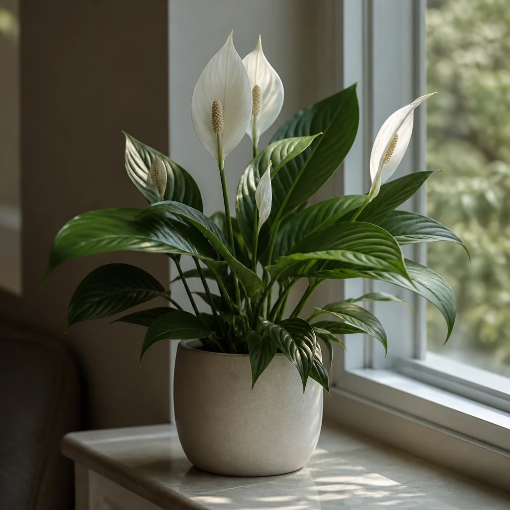 Spatifillo con fiori bianchi e foglie verde scuro su un davanzale ombreggiato