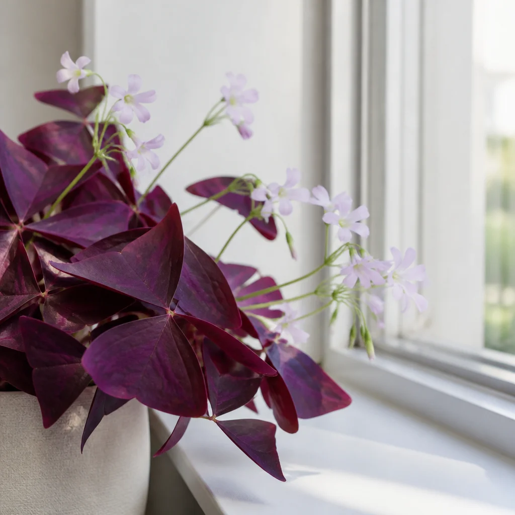 Oxalis viola con piccoli fiori chiari in una luce intensa vicino alla finestra