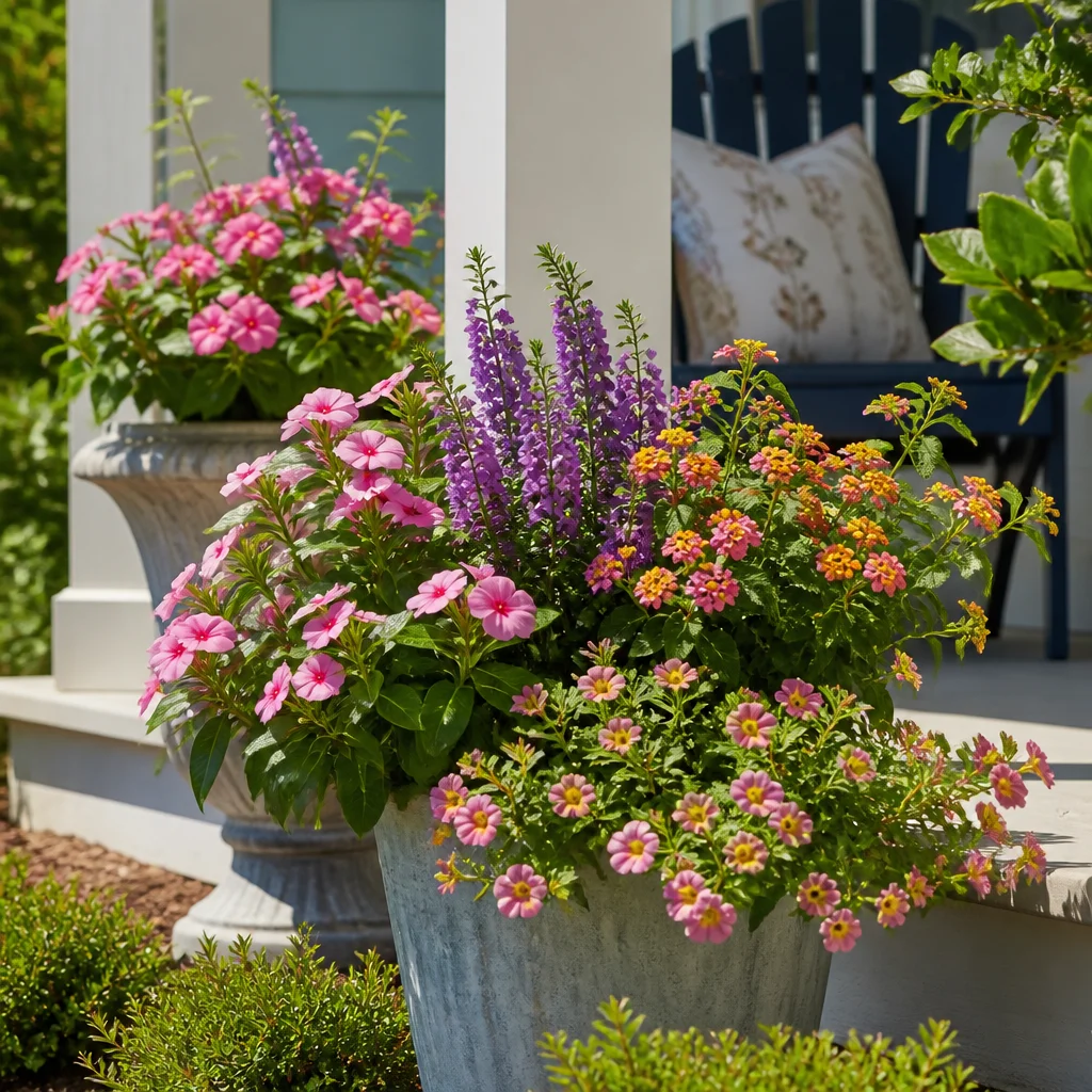 Pots de porche en plein soleil garnis d’un mélange de fleurs annuelles résistantes à la chaleur