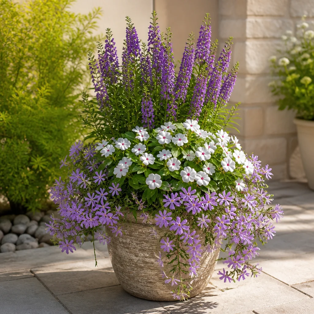 Pot de terrasse associant angelonia dressée, pervenche de Madagascar en touffe et scaevola retombante