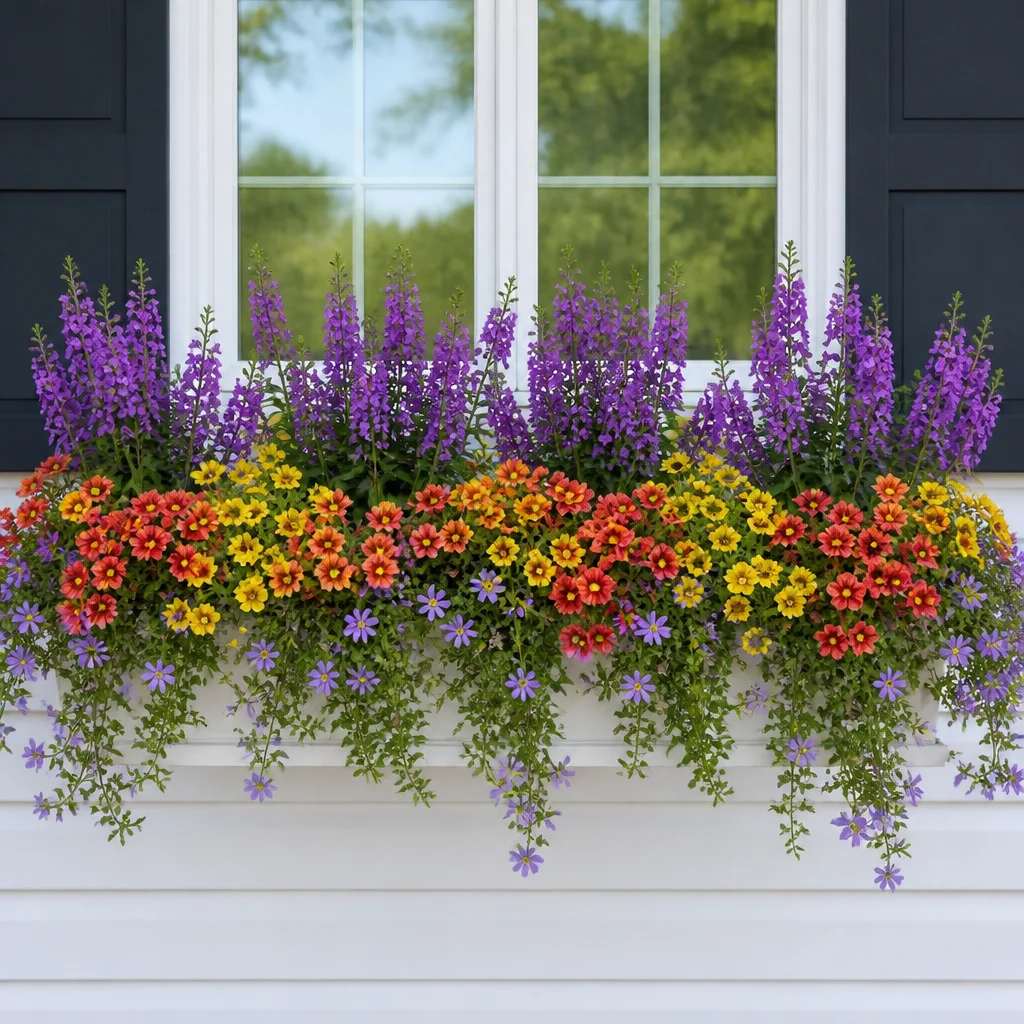 Jardinière de fenêtre ensoleillée plantée d’angelonia, de calibrachoa et de scaevola en répétition