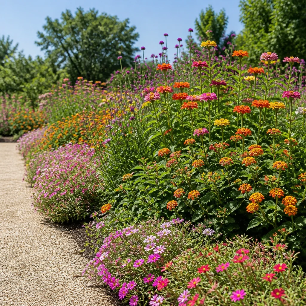 Massif très exposé avec des nappes de zinnias, de gomphrenas, de lantanas et de pourpier à grandes fleurs