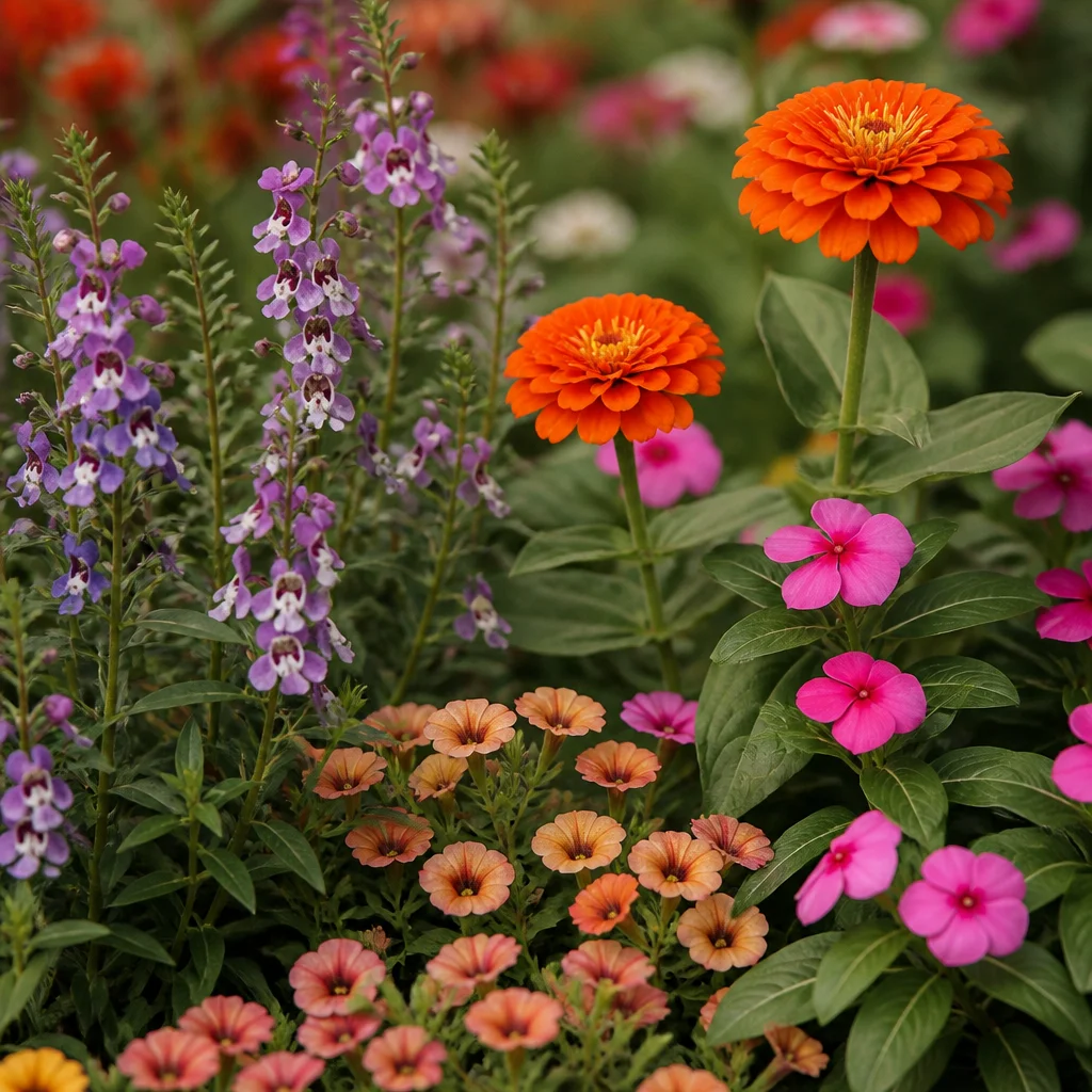 Vue rapprochée d’annuelles mélangées montrant le contraste des feuillages et des tailles de fleurs