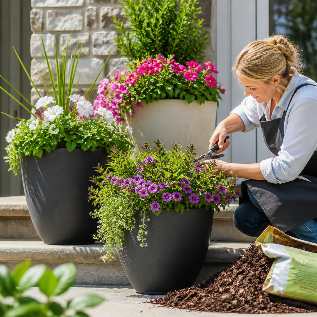 Contenants d’été soignés avec des fleurs annuelles légèrement taillées sur un porche