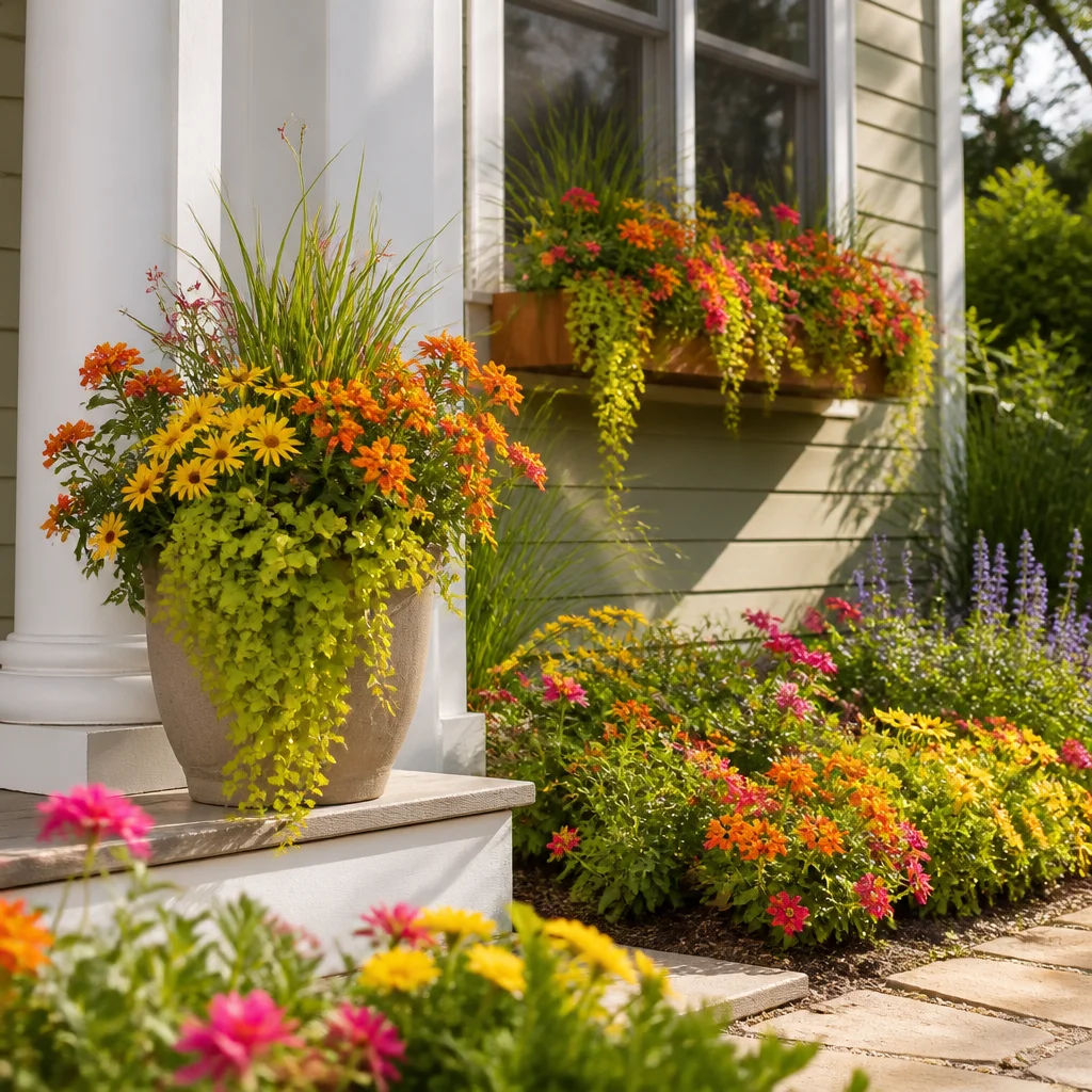 Plantations annuelles coordonnées reliant des pots, une jardinière de fenêtre et un massif ensoleillé