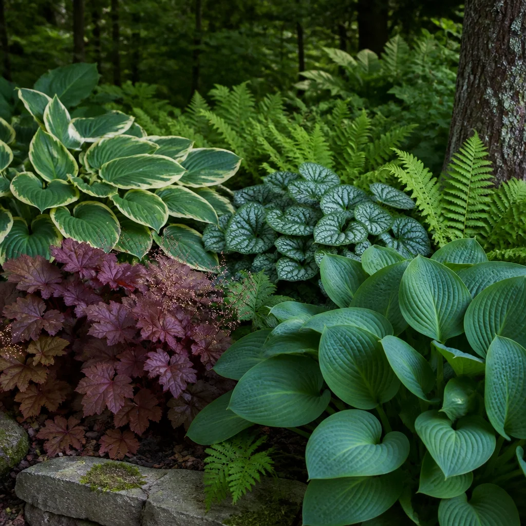Arriate de sombra en capas con hostas, heucheras, helechos y brunnera