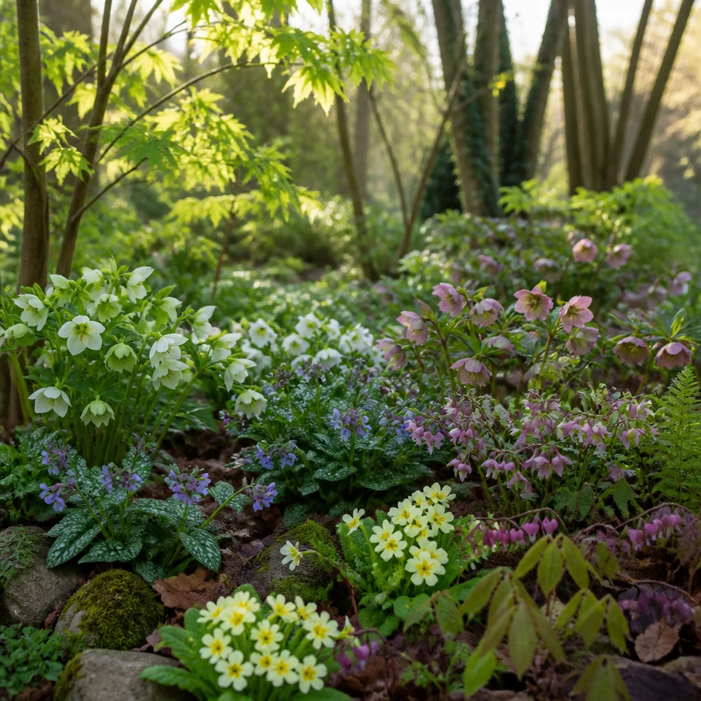 Plantación primaveral de sombra con heléboros, pulmonarias, epimedium y prímulas