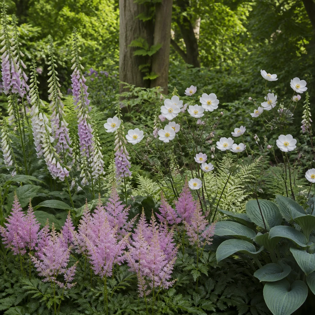 Perennes de verano para sombra con astilbe, dedaleras y anémonas japonesas