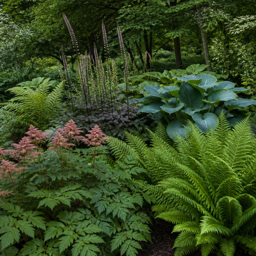 Plantación estructural de sombra con rodgersias, hostas, actaeas y helechos