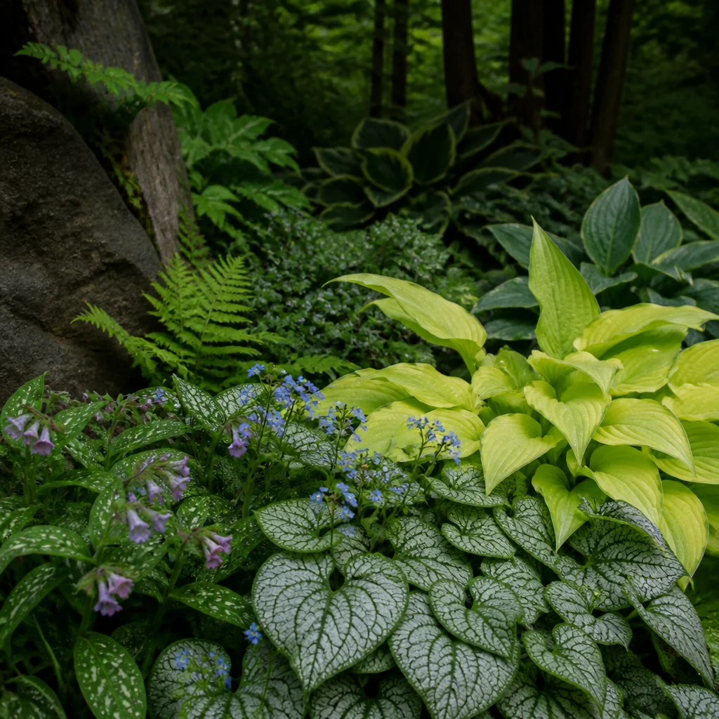 Follaje plateado y chartreuse iluminando un rincón oscuro del jardín