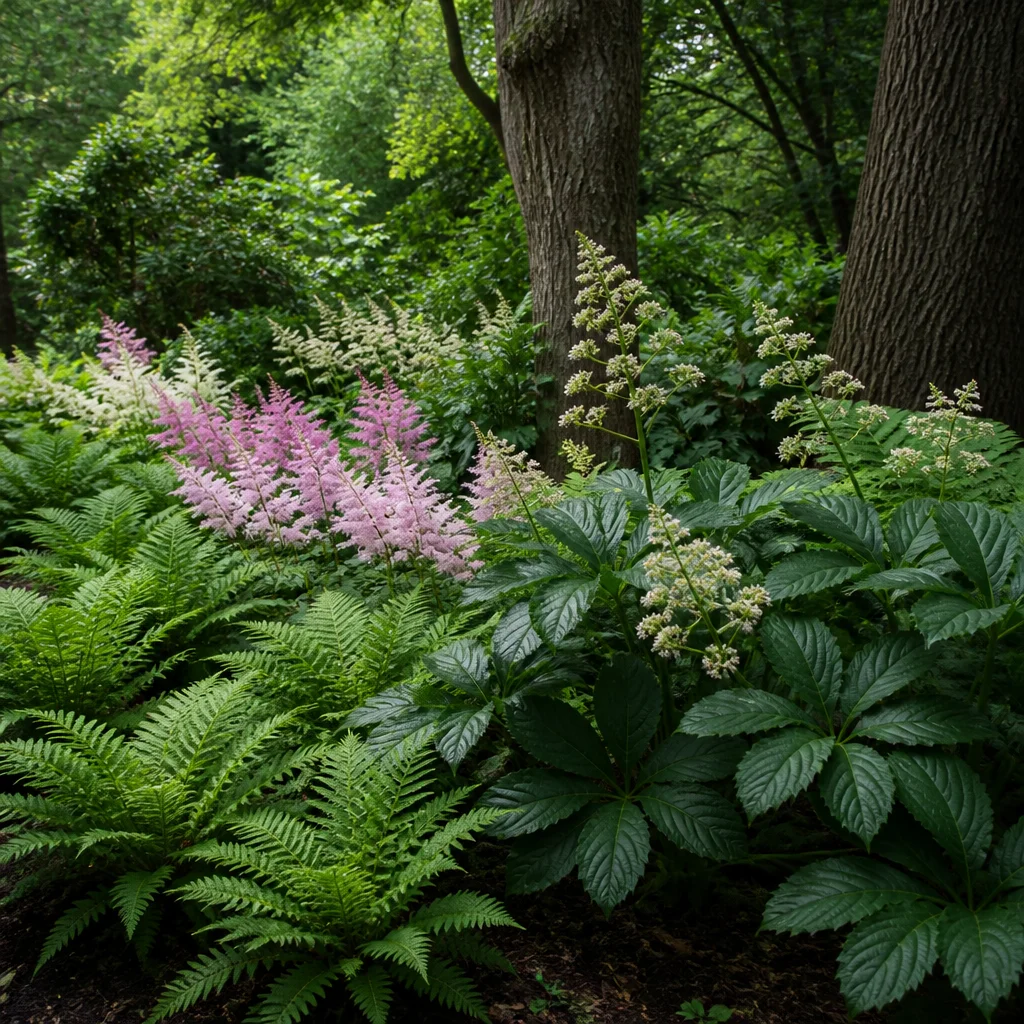 Macizo de sombra húmeda con estilo de bosque y helechos, astilbes y rodgersias