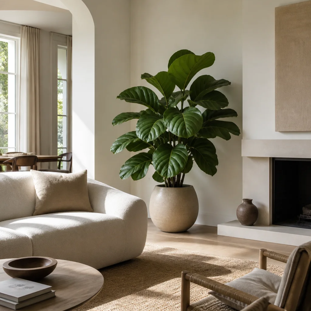 Broad foliage plant balancing a sofa in a sitting room