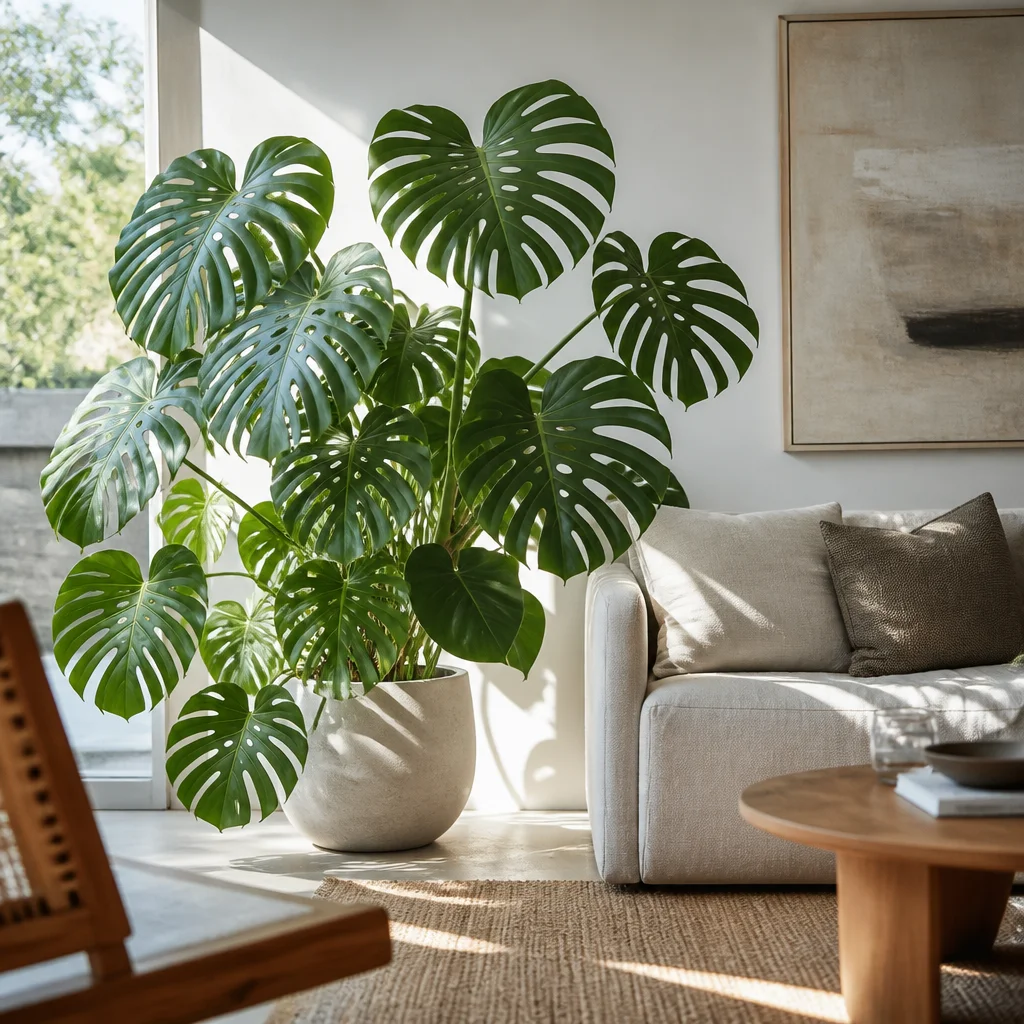 Monstera grande junto a un sofá en una sala luminosa de departamento