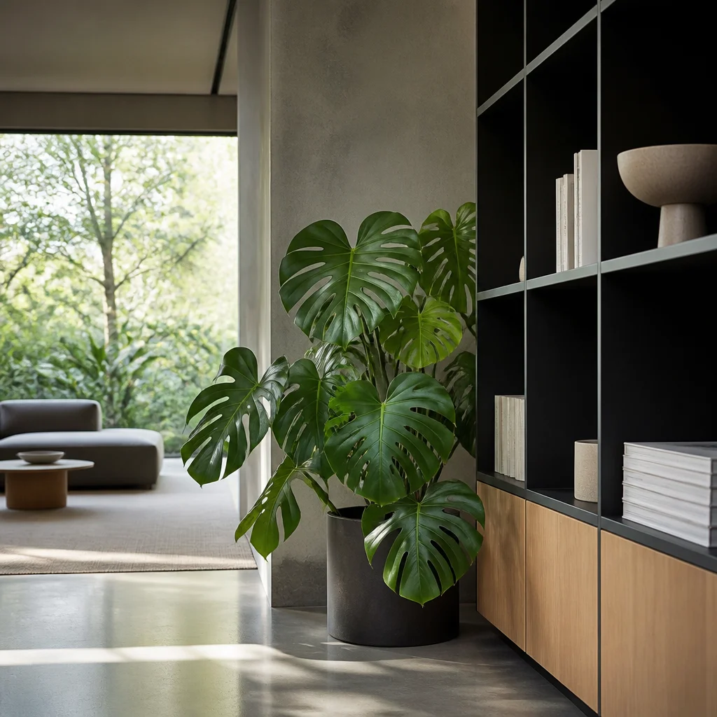 Monstera suavizando el borde de una biblioteca moderna y de muebles de líneas limpias