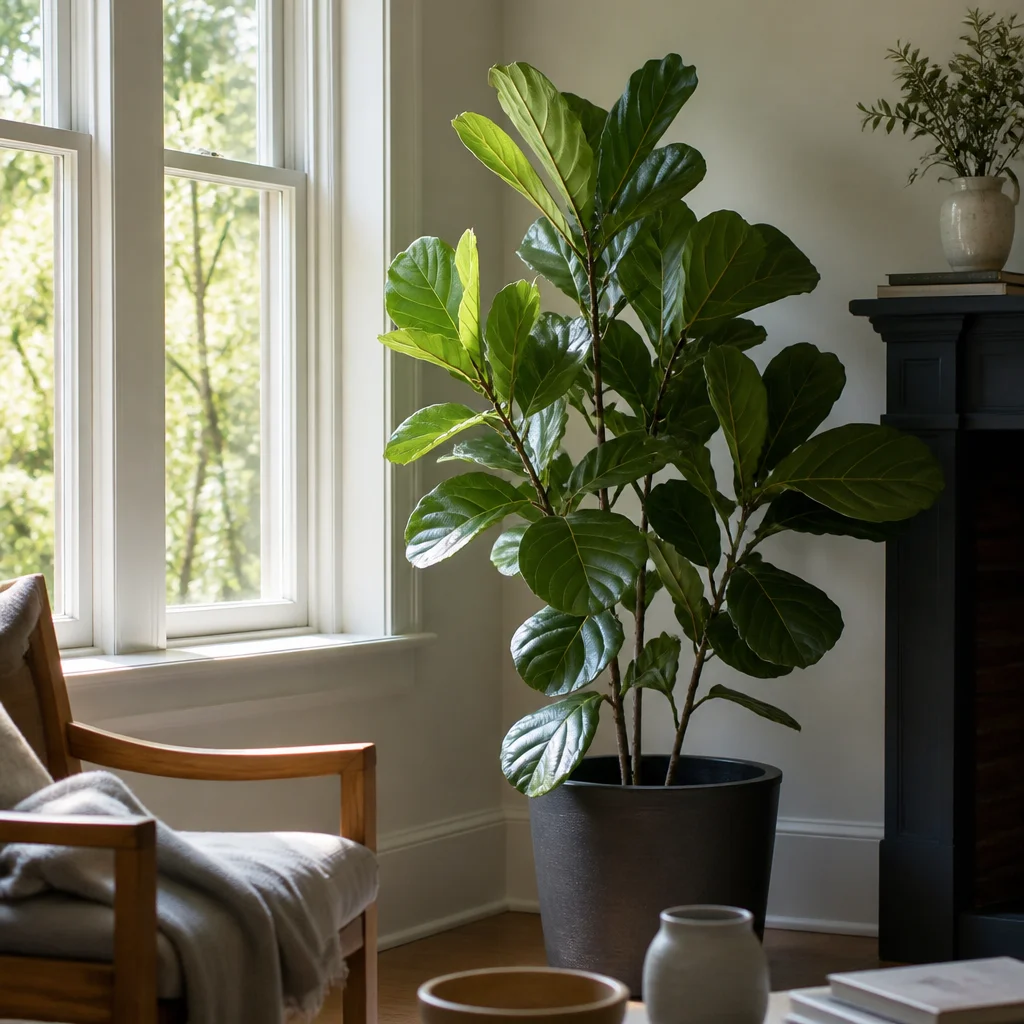 Planta de hojas grandes ubicada al lado de una ventana luminosa con asientos cerca