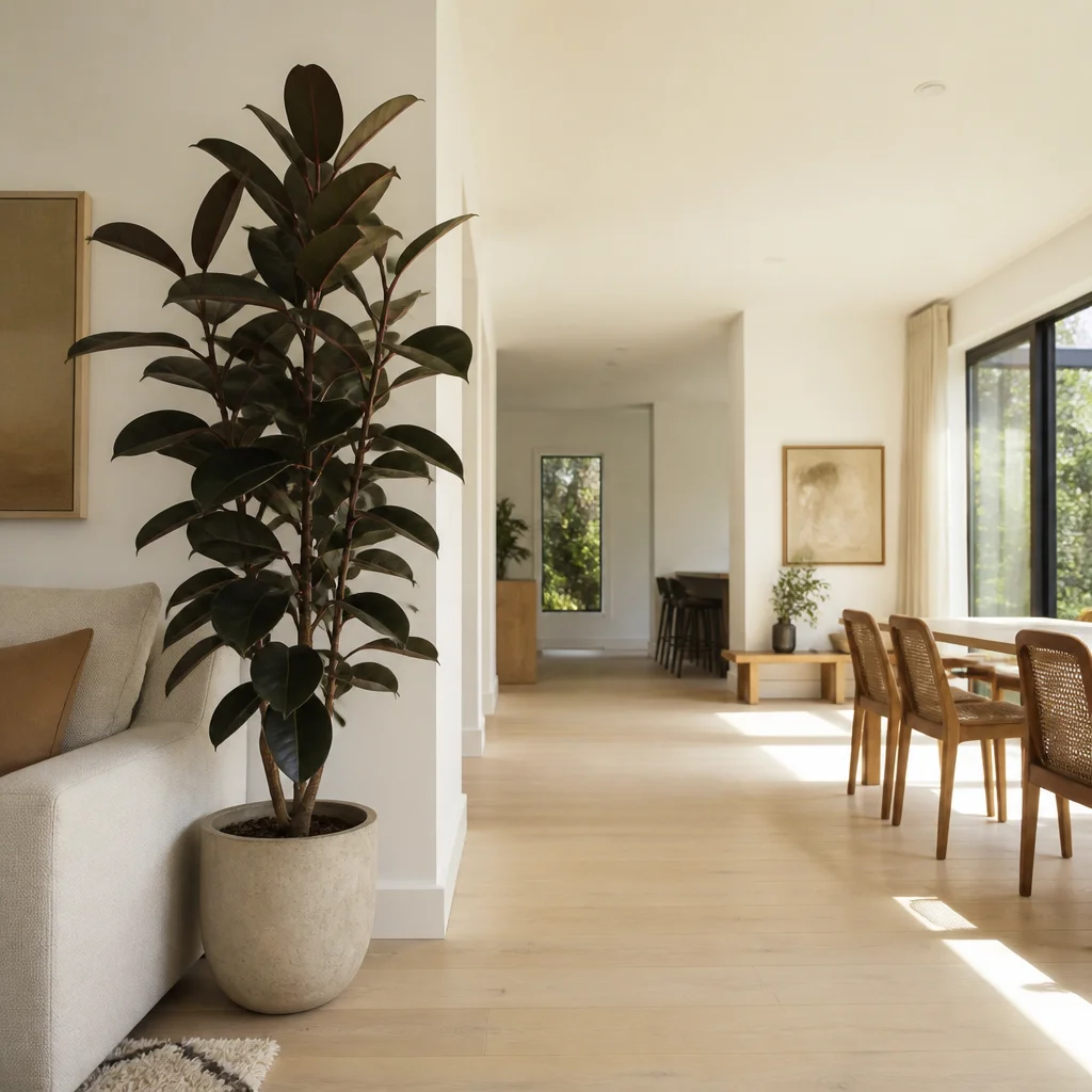 Ficus elástica alto marcando el límite de una zona de estar de planta abierta