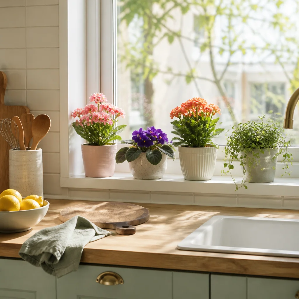Plantas de interior compactas con flores en un alféizar soleado de cocina