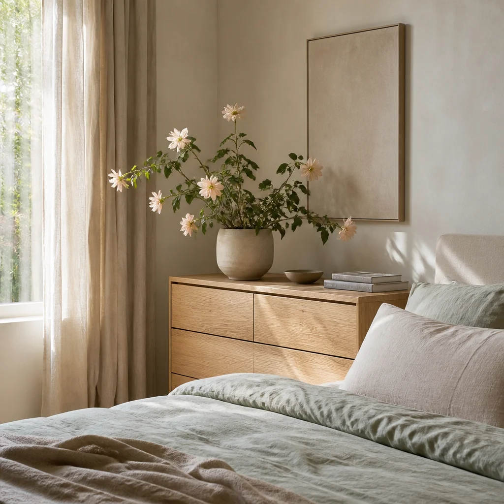 Una planta de interior con flores sobre una cómoda de dormitorio