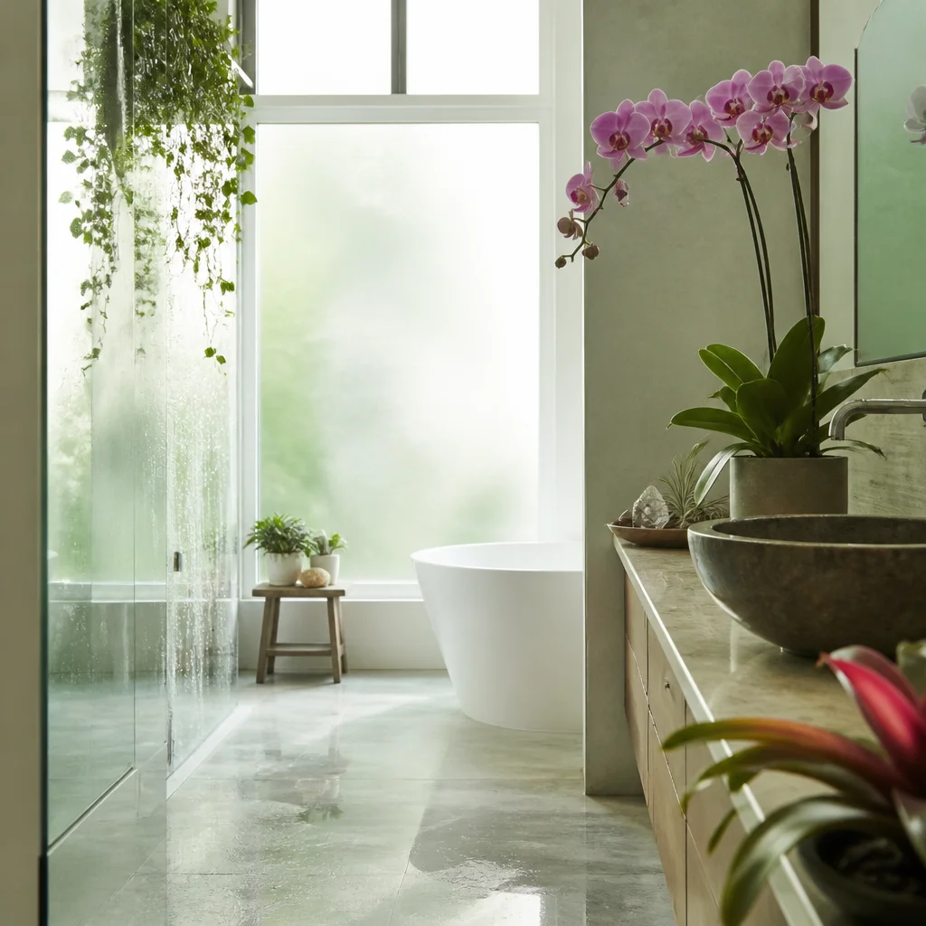 Una orquídea en flor junto a una ventana luminosa del baño