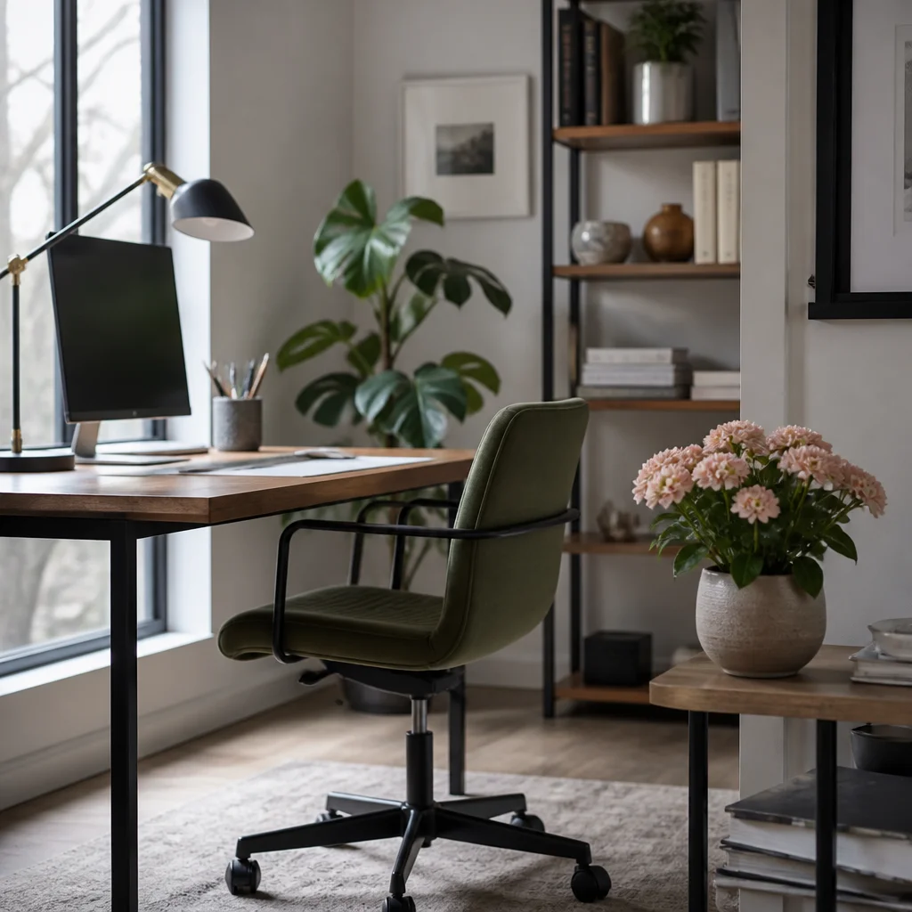 Una planta compacta con flores al lado de un escritorio ordenado en casa