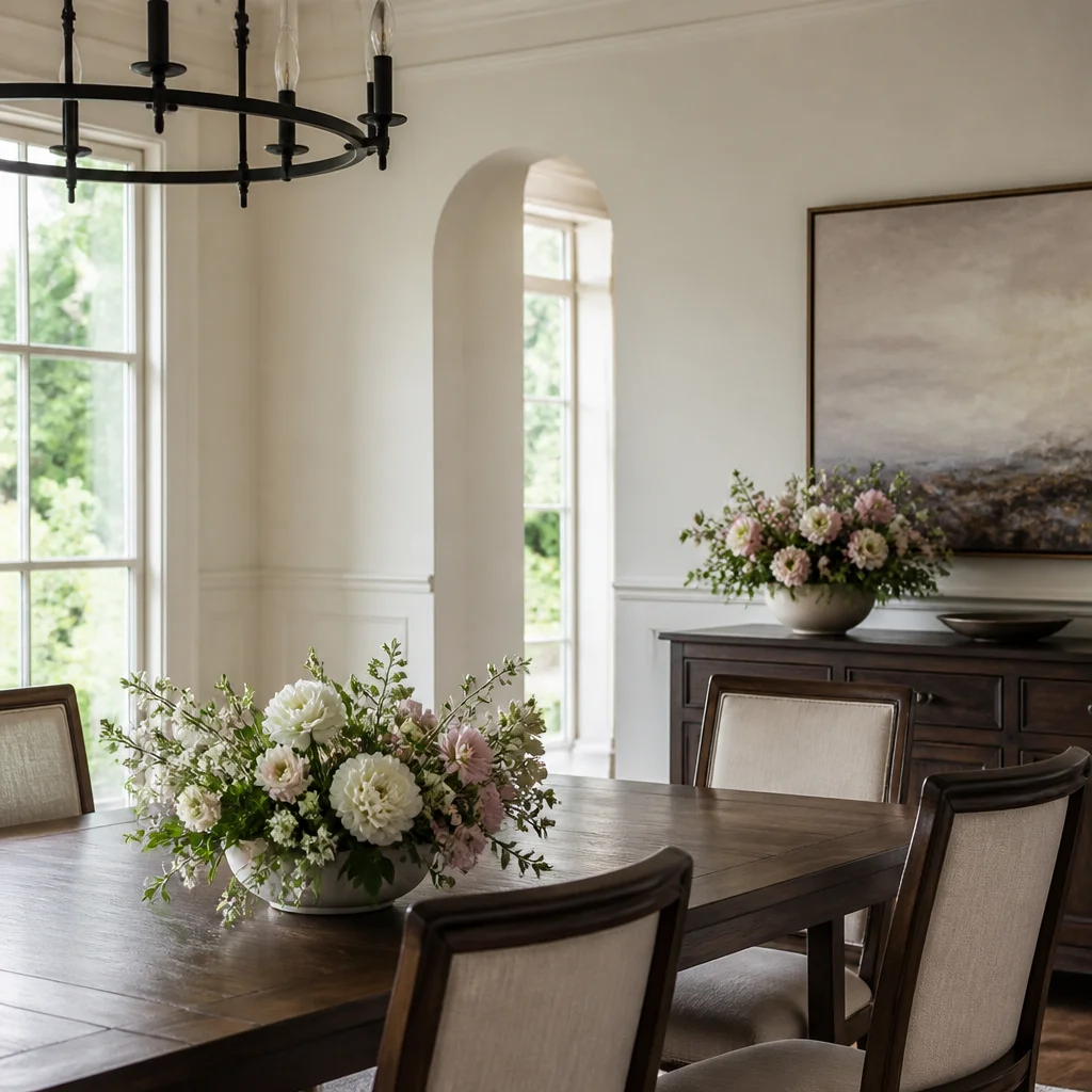 Plantas bajas con flores dispuestas en una zona de comedor