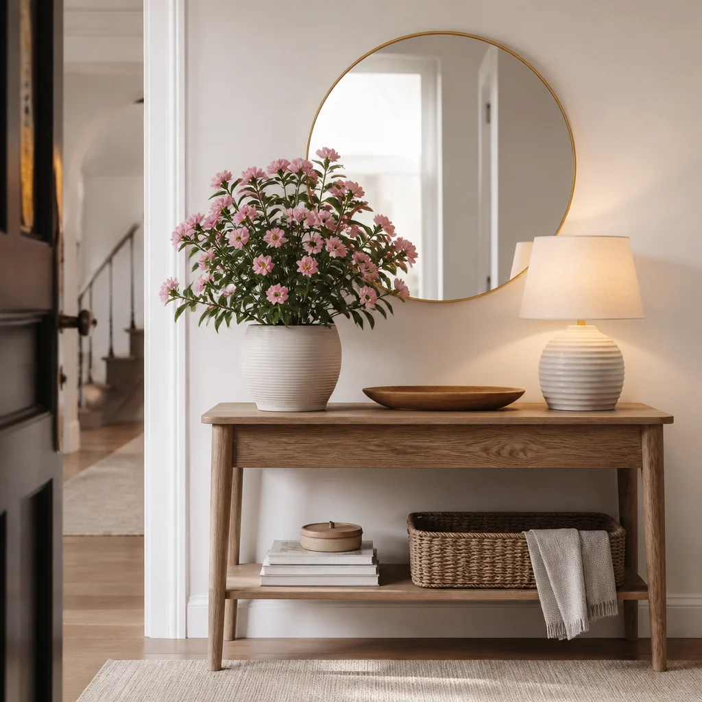 Una planta de interior con flores decorando una consola de recibidor