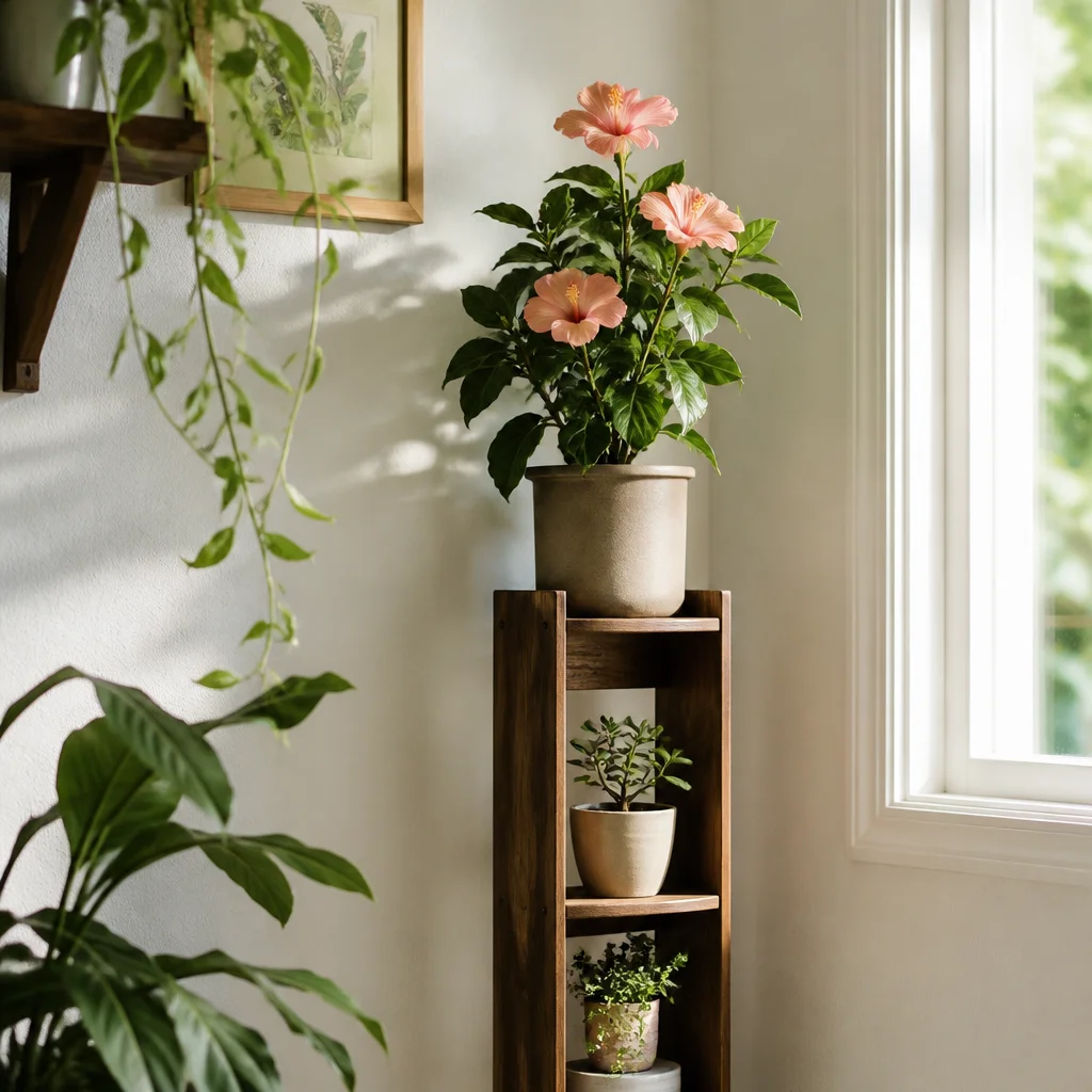 Una planta vertical con flores en la esquina de una habitación pequeña