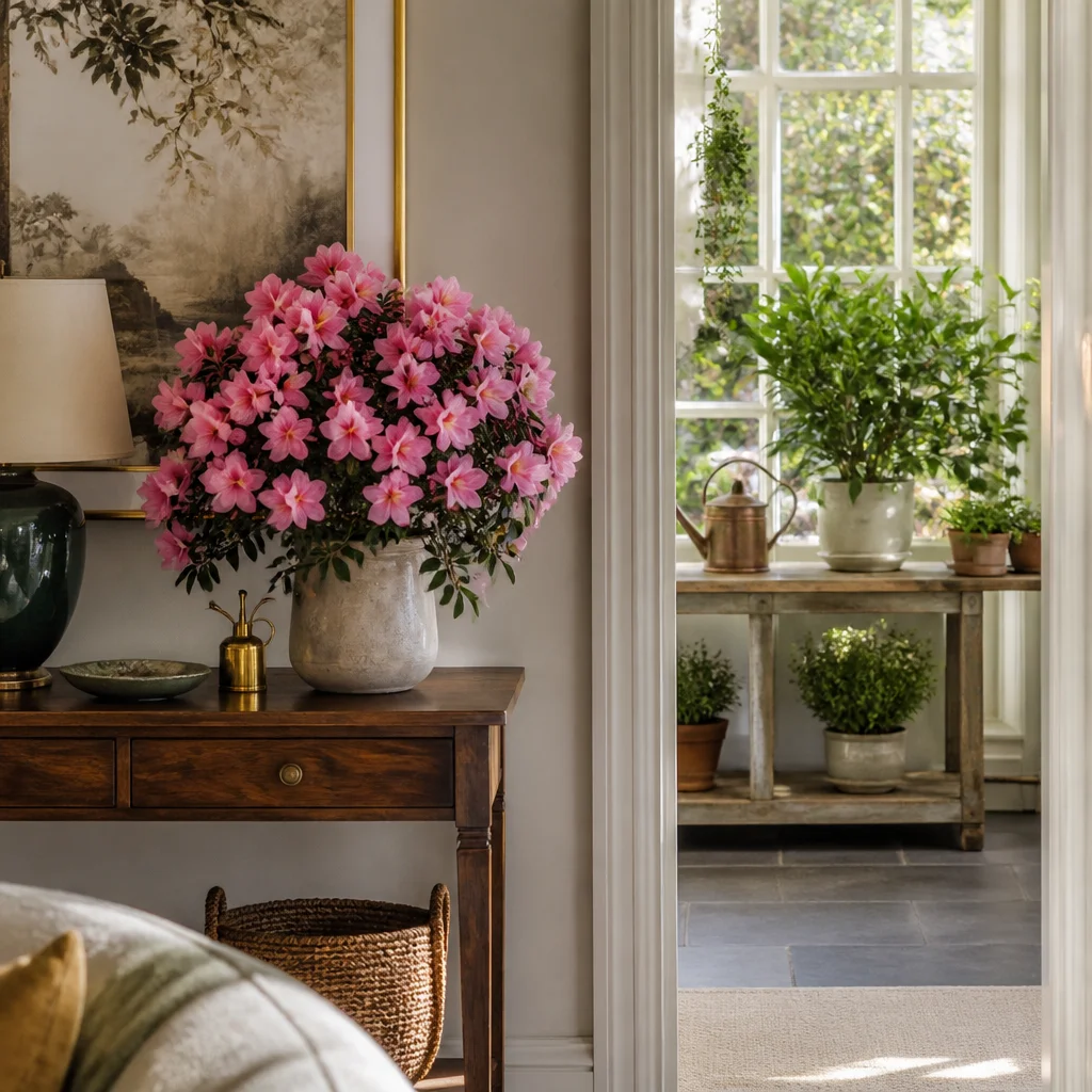 Plantas de interior con flores colocadas en distintas zonas de cuidado dentro de casa