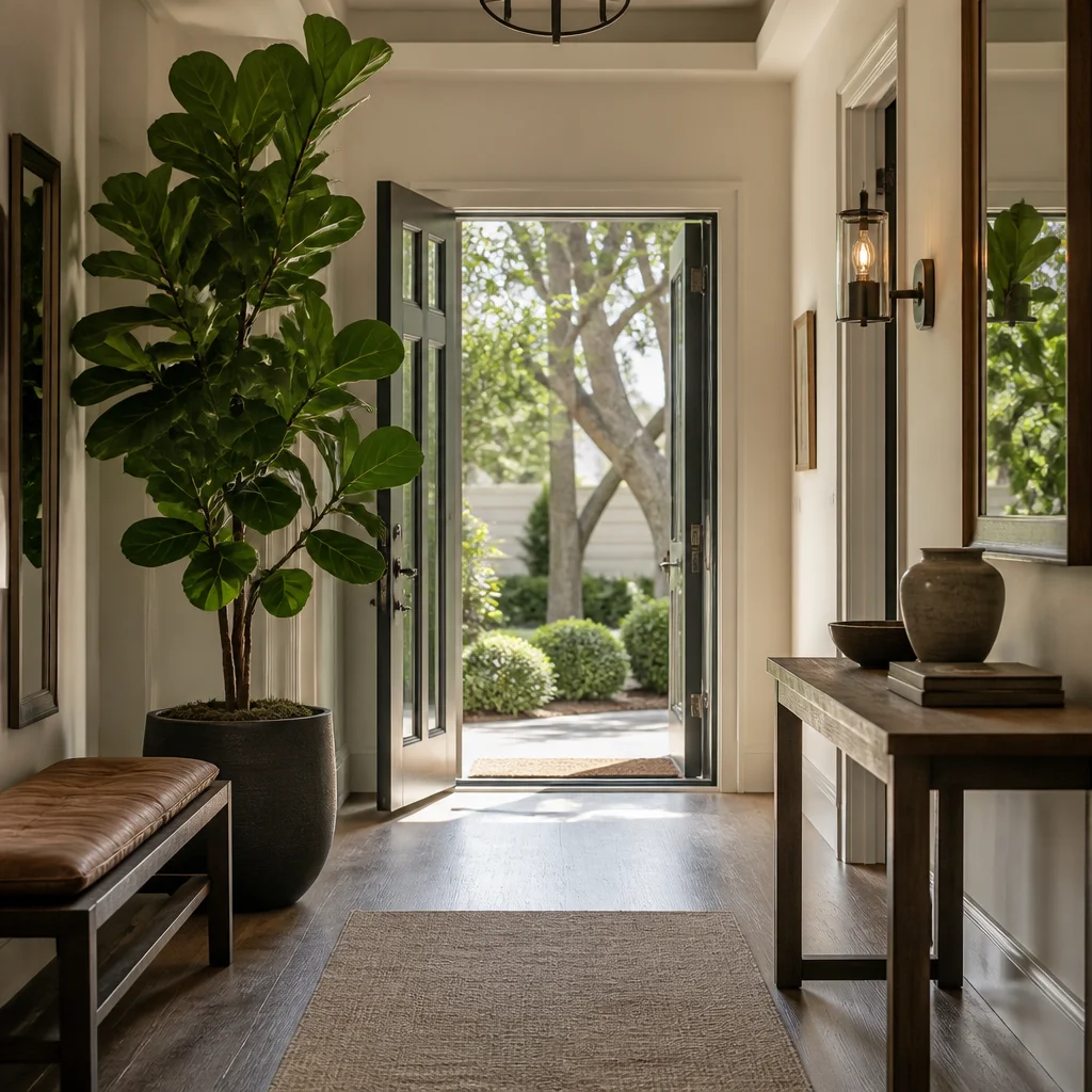Large-leaf plant placed neatly in an entryway