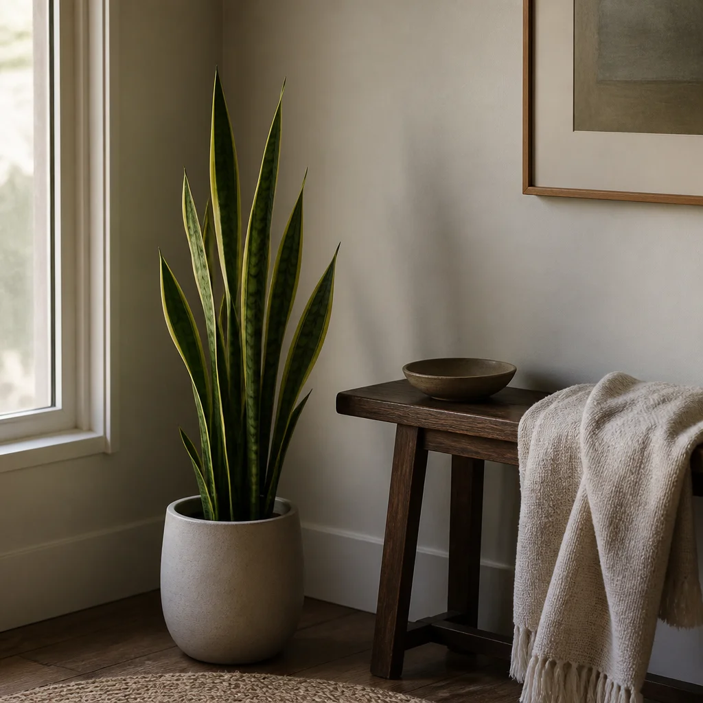 Sansevieria eretta in un angolo stretto di appartamento accanto a una piccola panca
