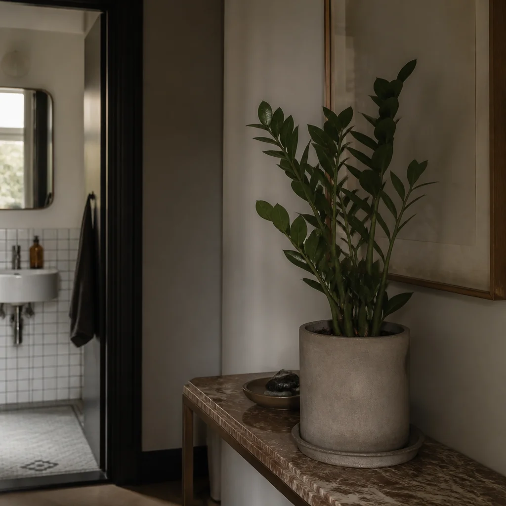Zamioculcas sistemata su un tavolino poco illuminato in corridoio o su una mensola del bagno