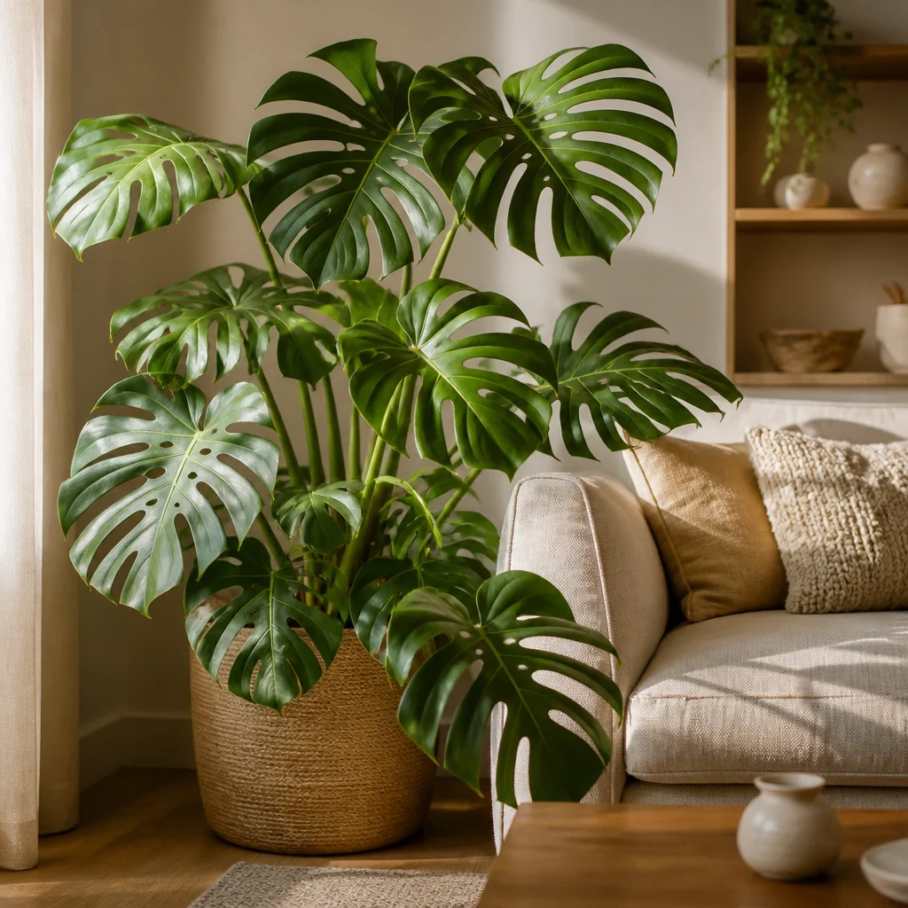 Grande Monstera deliciosa con foglie lucide e intagliate accanto a un divano in soggiorno