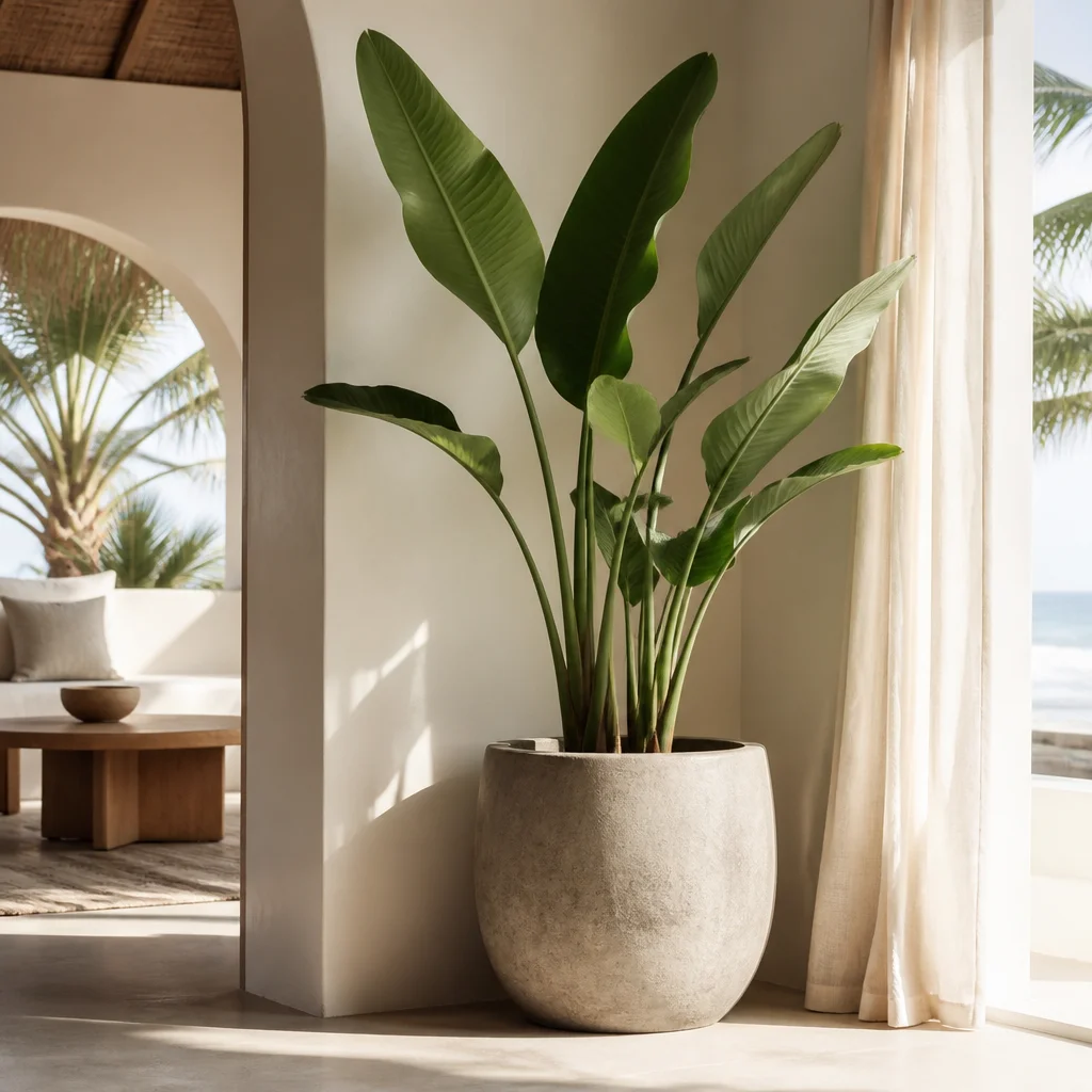 Alta strelitzia vicino a una finestra luminosa in una stanza moderna
