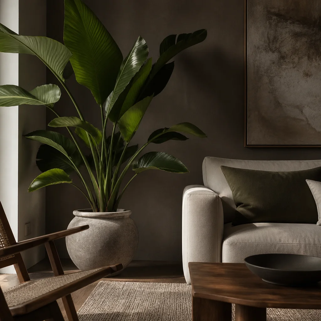 Substantial foliage plant filling the gap beside furniture