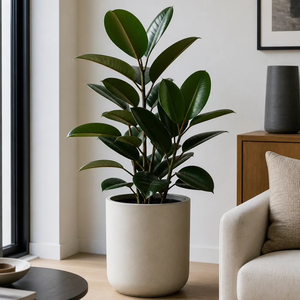 Ficus elastica verde lucido con foglie ampie in un interno dai toni neutri