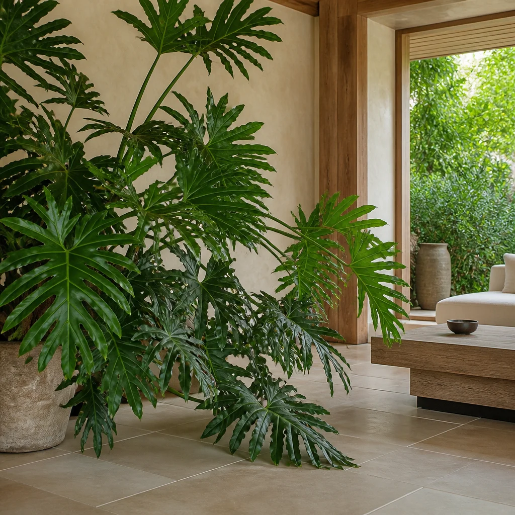 Grande Philodendron selloum con foglie profondamente lobate in una stanza aperta