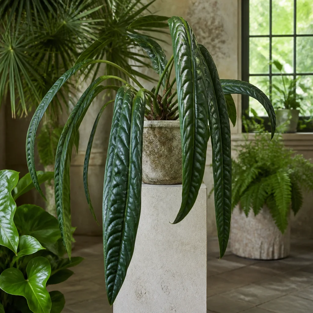 Anthurium veitchii con foglie lunghe e ondulate esposto su un piedistallo