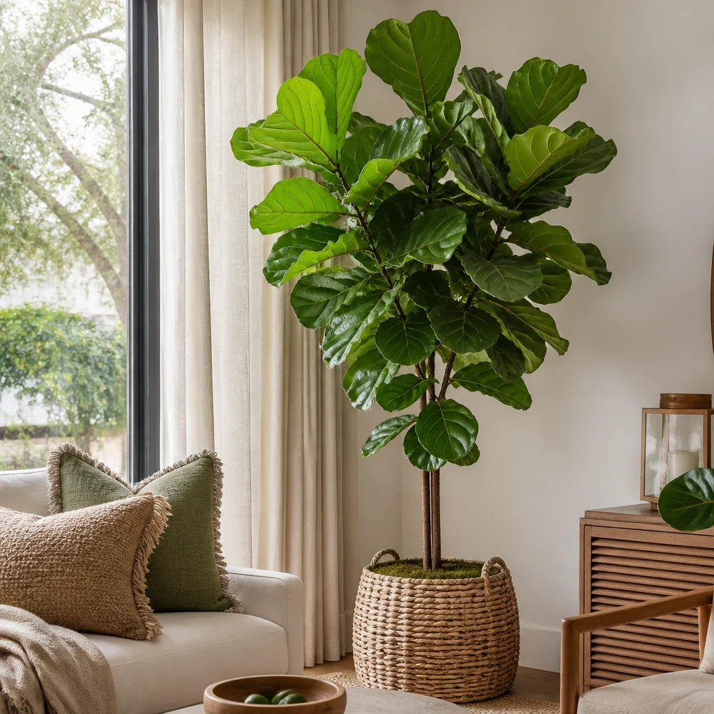 Alto ficus lyrata in un vaso intrecciato in un angolo del soggiorno