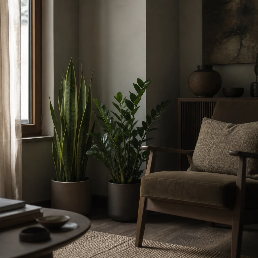 Sansevieria alta e zamioculcas sistemate in un angolo poco luminoso del soggiorno accanto a una poltrona