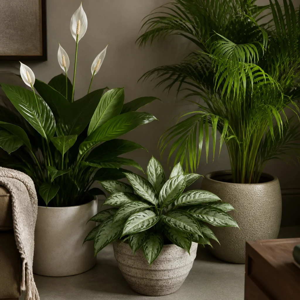 Spatifillo, aglaonema e chamaedorea raggruppati per mostrare il contrasto tra diverse texture fogliari