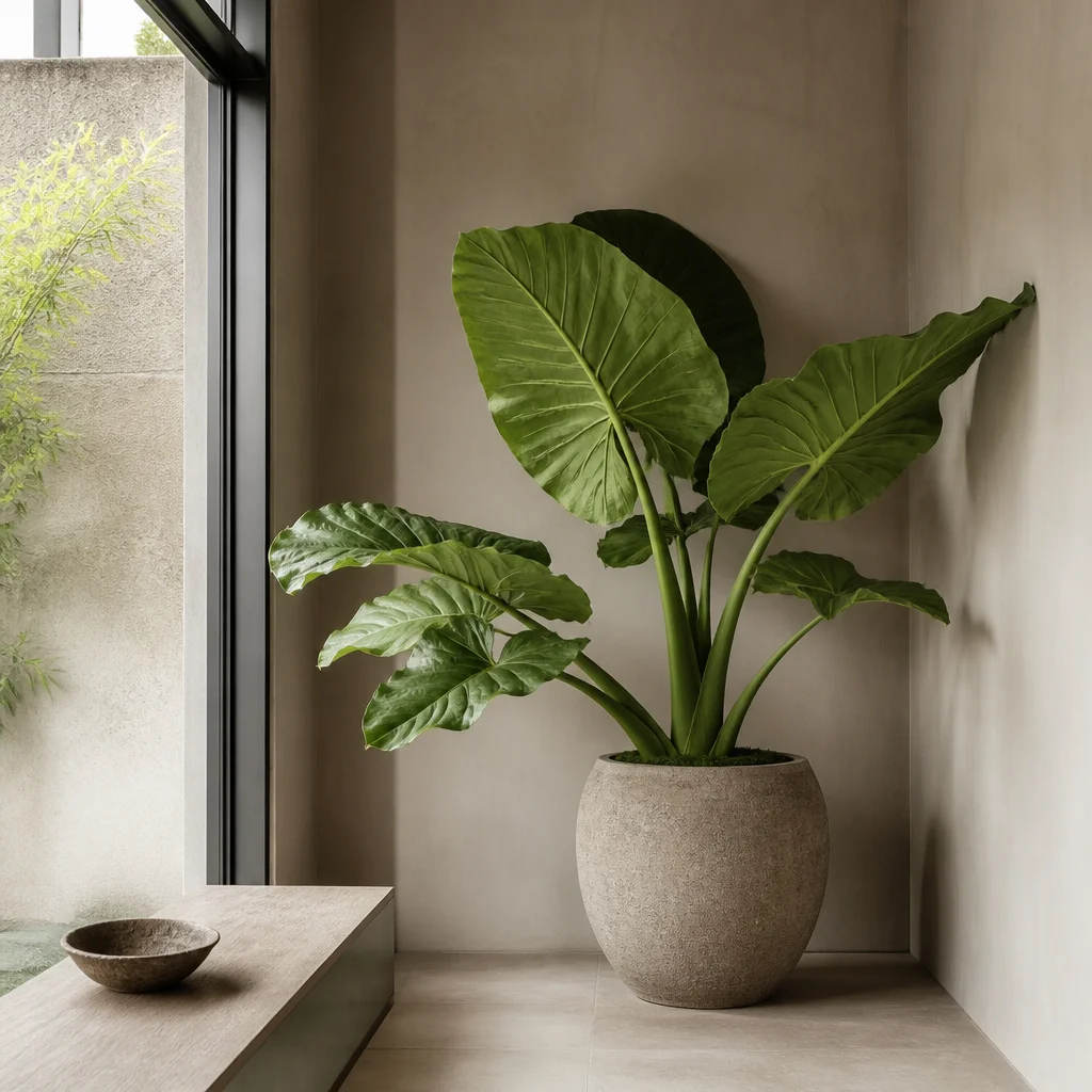 Oversized indoor plant anchoring an empty corner
